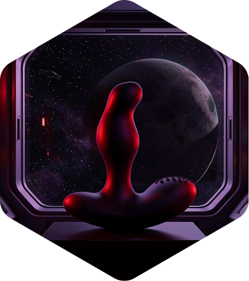 Tomo PRostate MAssager in front of a space-themed window with planets and stars.