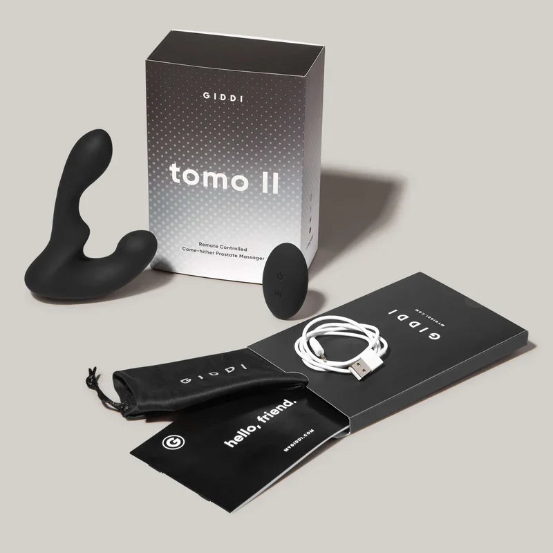 giddi tomo come hither prostate massager with remote control, box, storage pouch, usb charging cord, and user guide