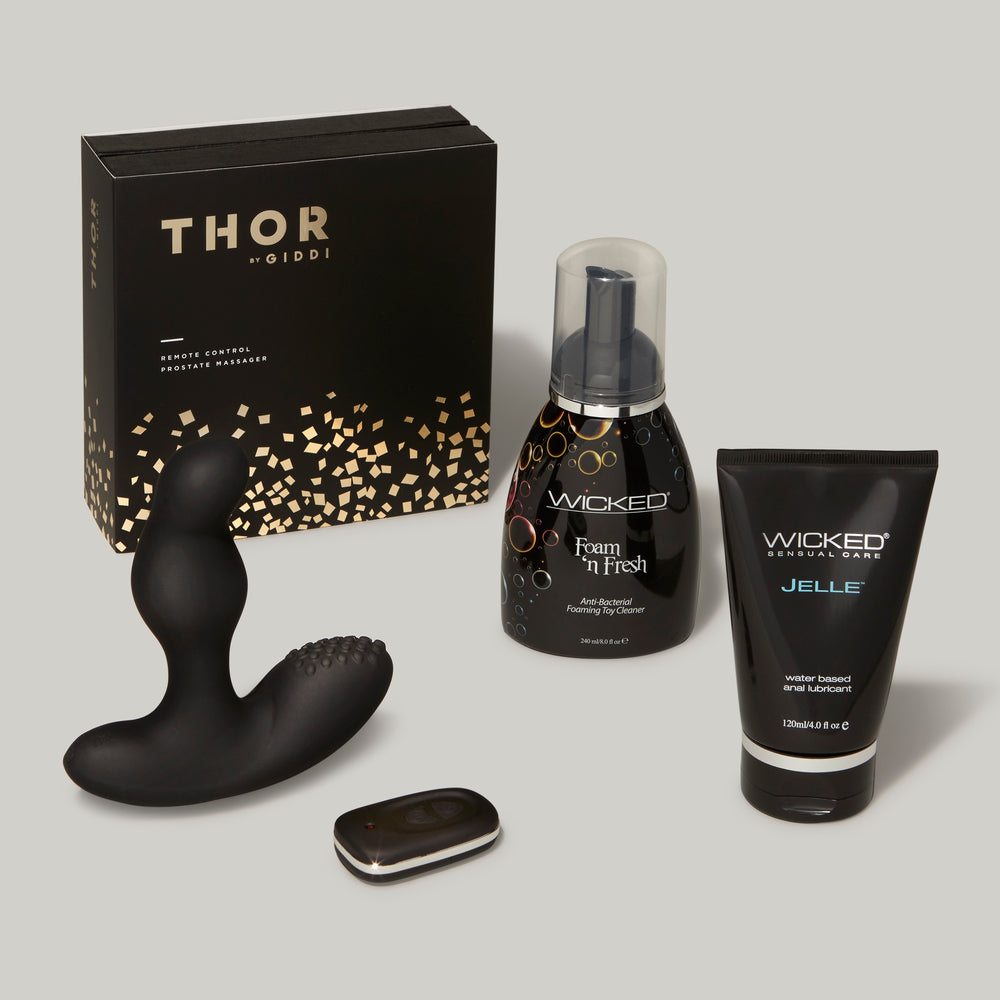 thor master bundle with thor rotating prostate massager, wicked jelle anal lube, and wicked foam sex toy cleaner