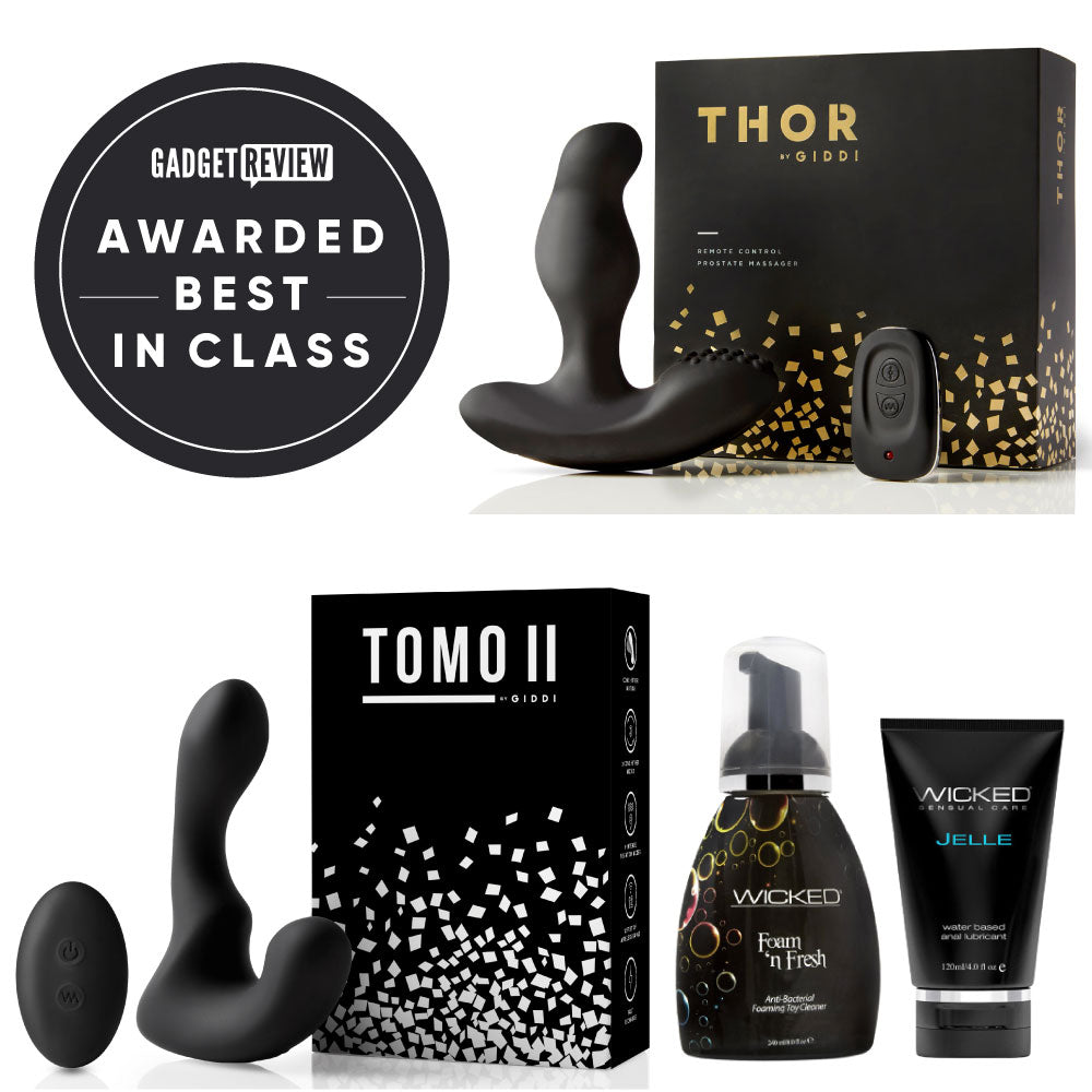 p-spot explorer bundle with thor rotating prostate massager, tomo come hither prostate massager, wicked jelle lube, and wicked foam sex toy cleaner