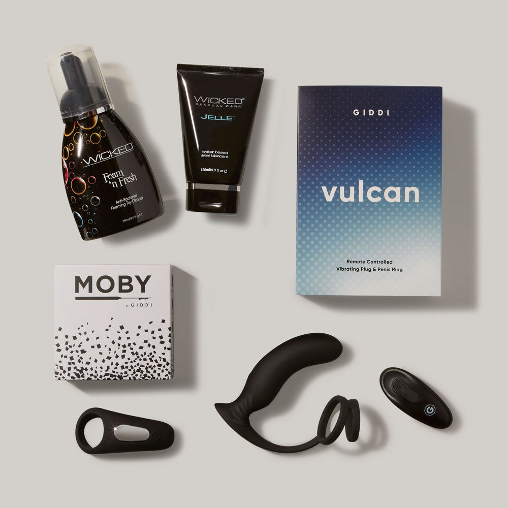 Partner pleasure bundle items vulcan vibrating prostate plug with remote control, moby vibrating cock ring, wicked jelle water based anal lube, wicked foam sex toy cleaner