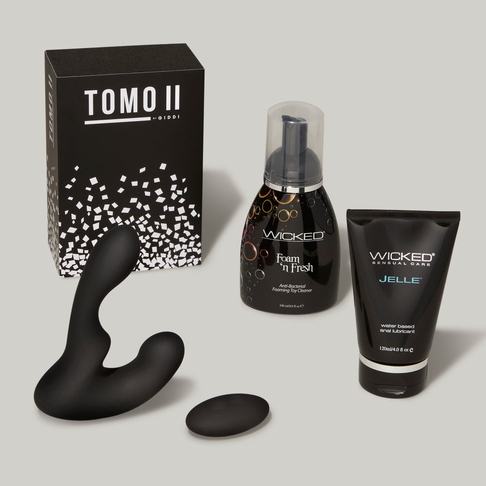 tomo beginner bundle with tomo come hither prostate massager with remote control, wicked jelle anal lube, and wicked foam sex toy cleaner