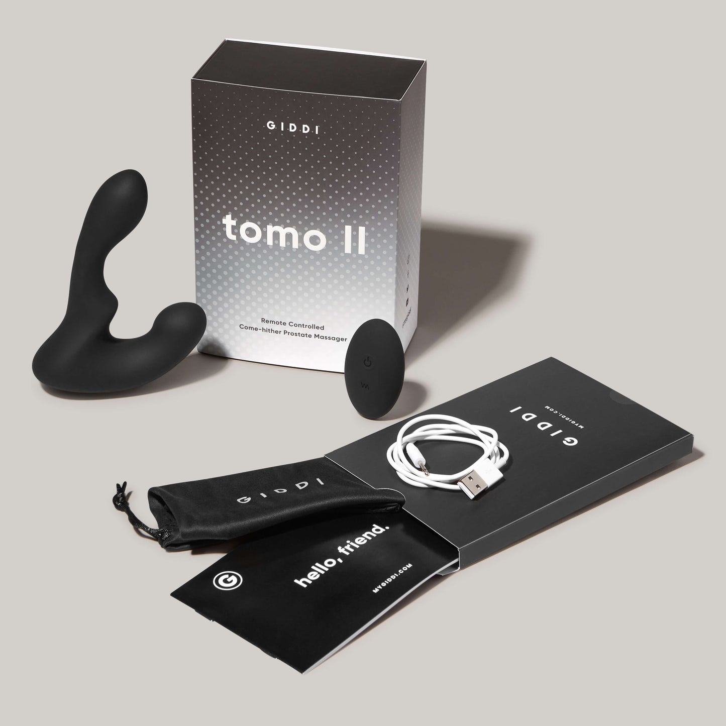 
                  
                    tomo come hither prostate massager with remote control, box, storage pouch, usb charging cord, and user guide
                  
                