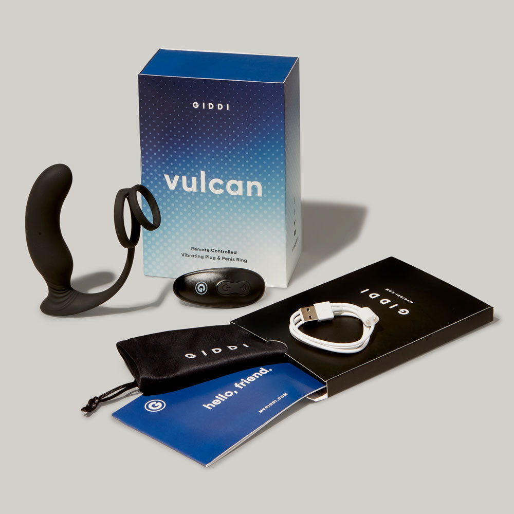 Vulcan vibrating prostate plug with remote control, storage pouch, user guide, magnetic charging cord, and box